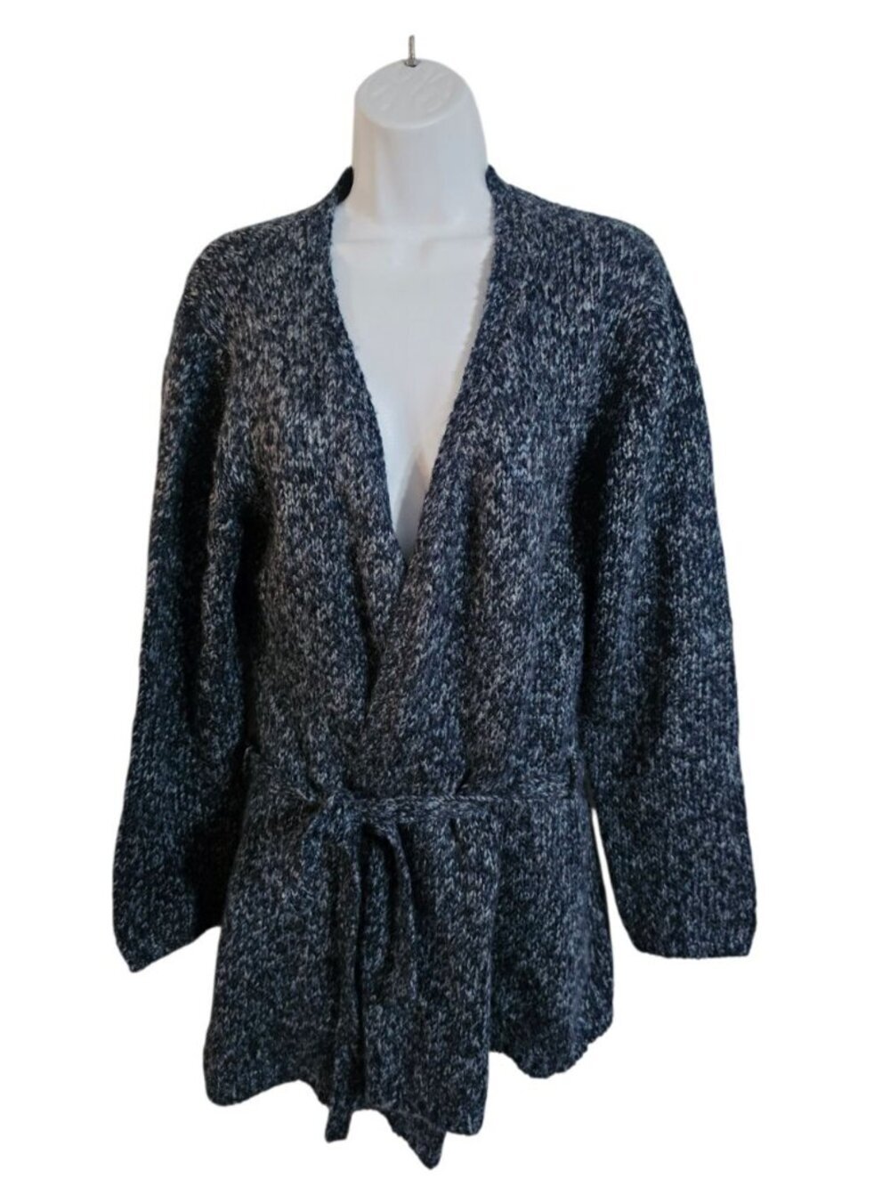 A.M.I. Women Large Cardigan Blue Grey Marled Knit Wrap Belted Essential Timeless - Picture 2 of 6